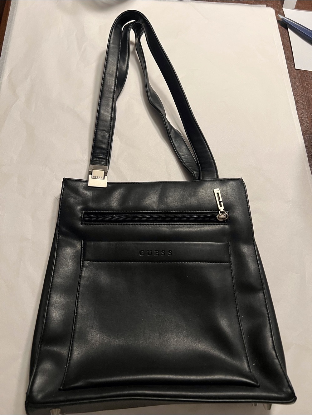 GUESS Black Faux Leather Shoulder Bag with Front Zip Pocket